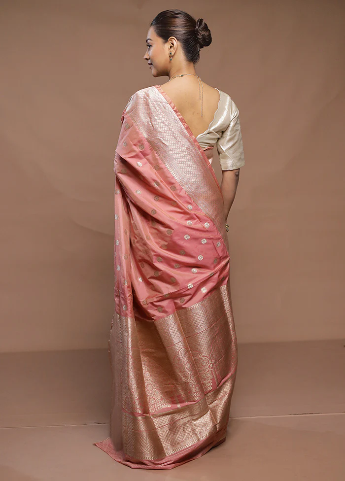 Peach Handloom Katan Pure Silk Saree With Blouse Piece - Image 3