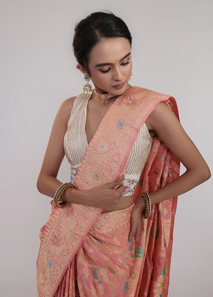 Peach Handloom Katan Pure Silk Saree With Blouse Piece - Image 2