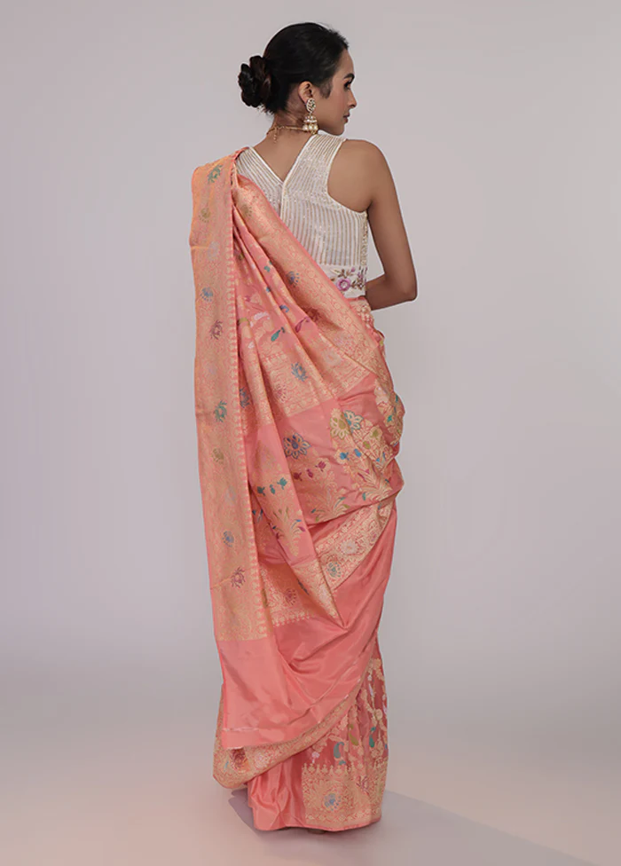 Peach Handloom Katan Pure Silk Saree With Blouse Piece - Image 3