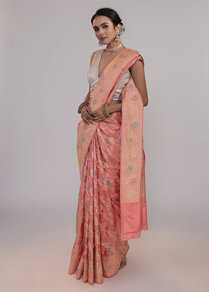 Peach Handloom Katan Pure Silk Saree With Blouse Piece - Image 4