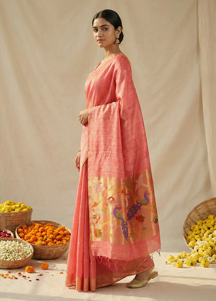 Peach Handloom Matka Pure Silk Saree With Blouse Piece - Image 4