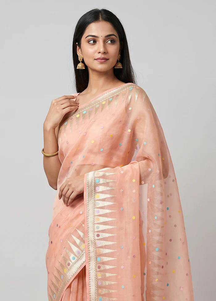Peach Handloom Pure Organza Saree With Blouse Piece - Image 2