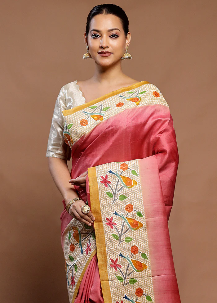 Peach Handloom Tussar Pure Silk Saree With Blouse Piece - Image 2