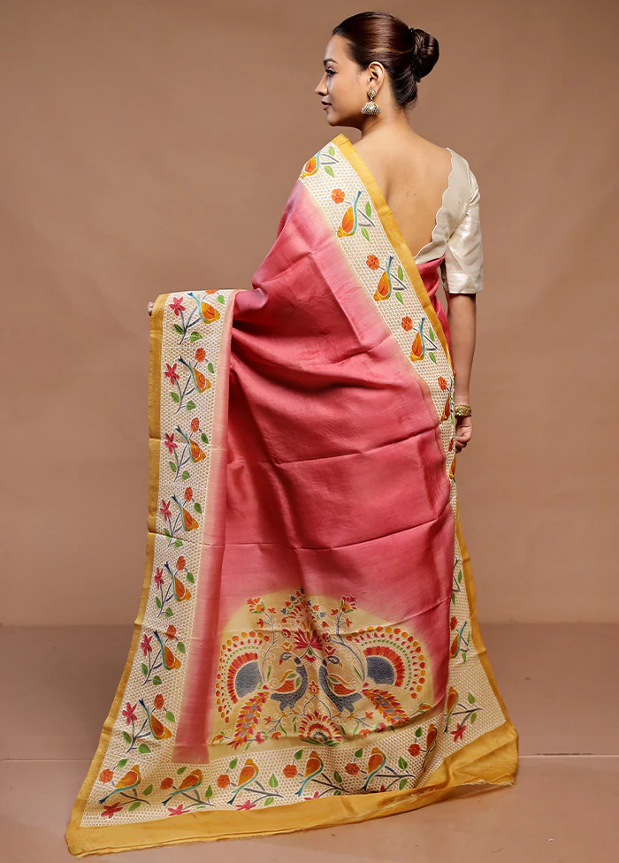 Peach Handloom Tussar Pure Silk Saree With Blouse Piece - Image 3