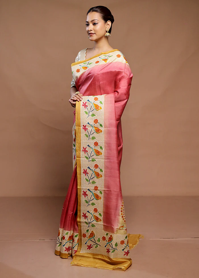 Peach Handloom Tussar Pure Silk Saree With Blouse Piece - Image 4