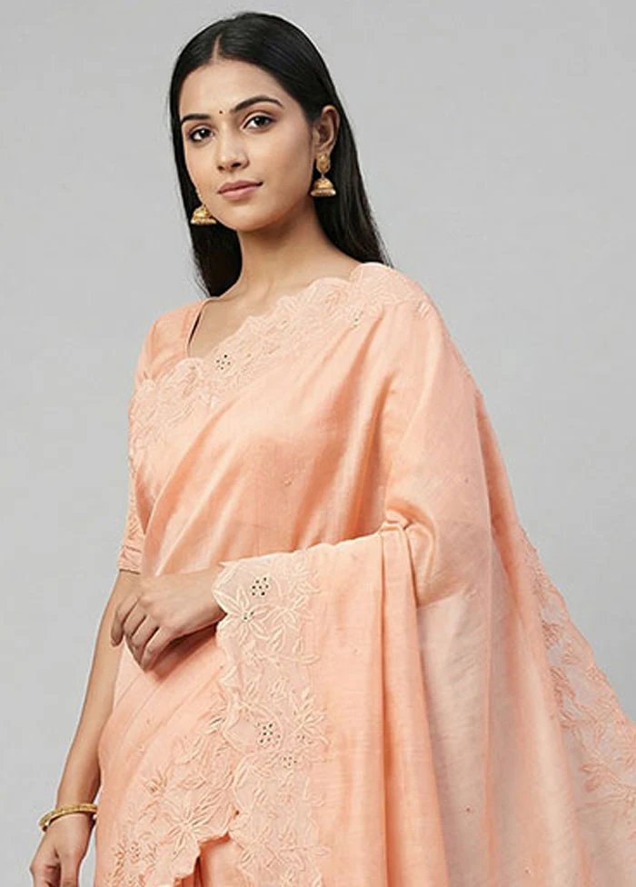 Peach Handloom Tussar Pure Silk Saree With Blouse Piece - Image 2