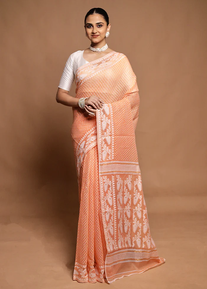 Peach Tant Jamdani Saree Without Blouse Piece