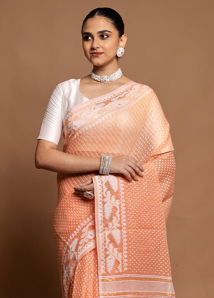 Peach Tant Jamdani Saree Without Blouse Piece - Image 2