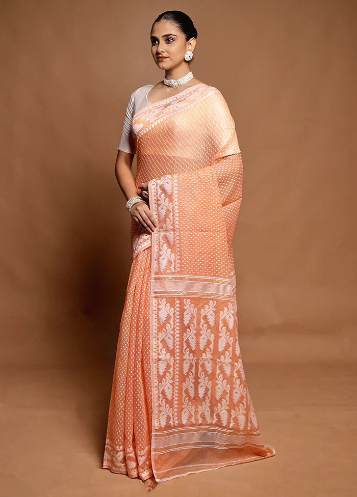 Peach Tant Jamdani Saree Without Blouse Piece - Image 4