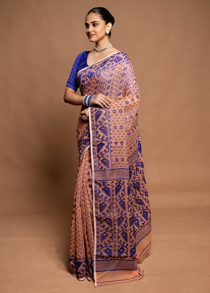 Peach Tant Jamdani Saree Without Blouse Piece - Image 4
