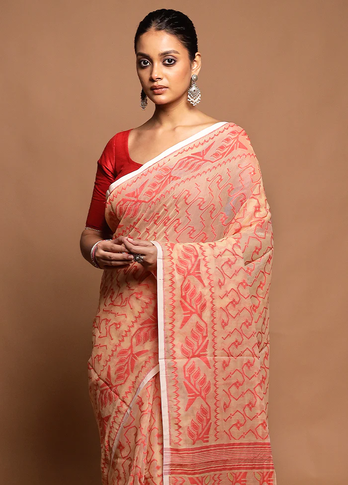 Peach Tant Jamdani Saree Without Blouse Piece - Image 2