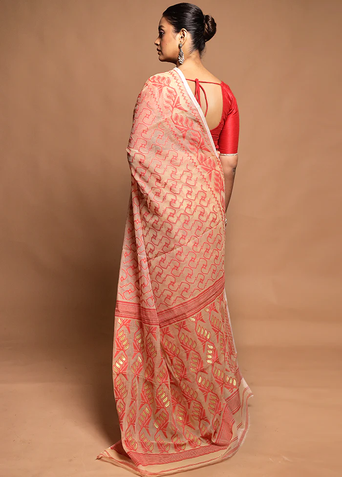 Peach Tant Jamdani Saree Without Blouse Piece - Image 3