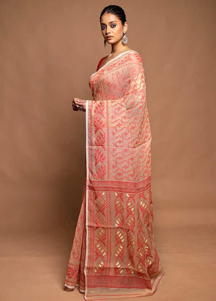 Peach Tant Jamdani Saree Without Blouse Piece - Image 4