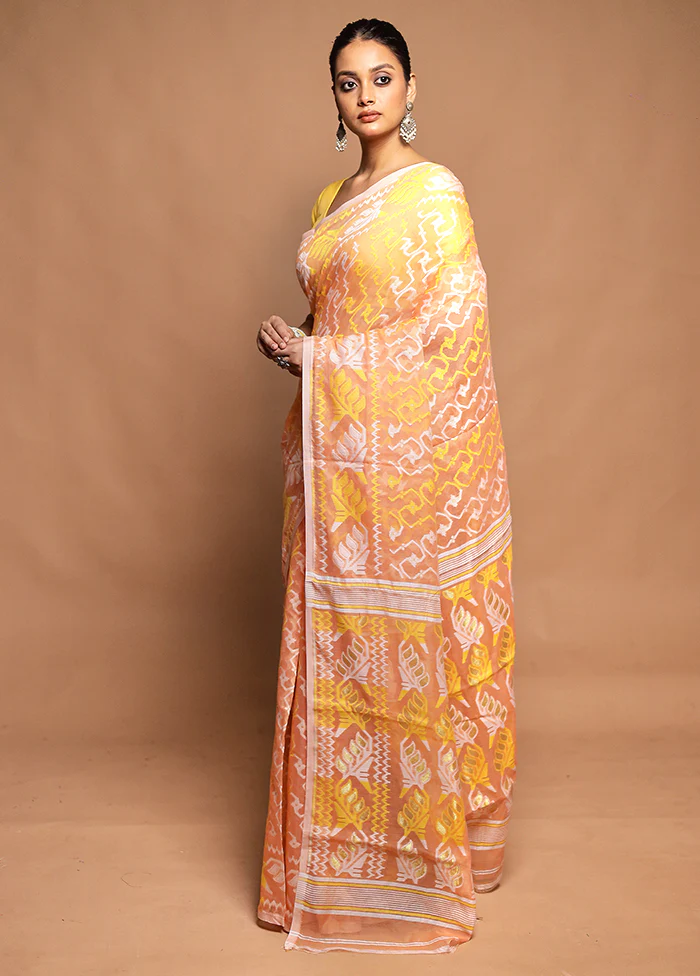 Peach Tant Jamdani Saree Without Blouse Piece - Image 4