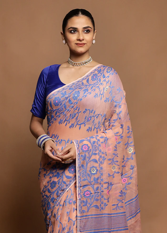 Peach Tant Jamdani Saree Without Blouse Piece - Image 2