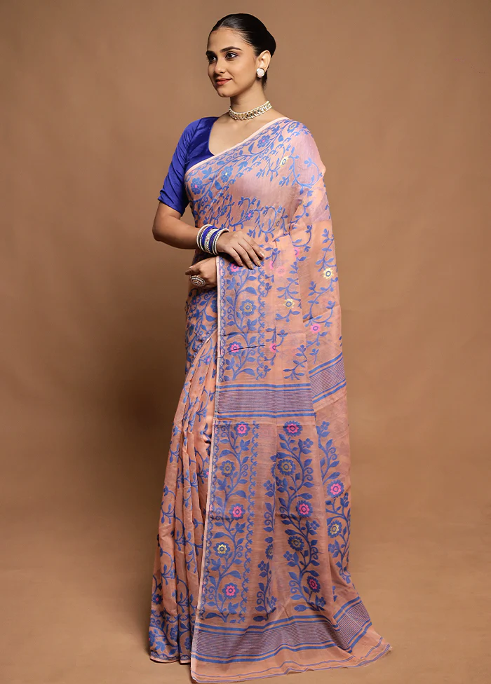 Peach Tant Jamdani Saree Without Blouse Piece - Image 4