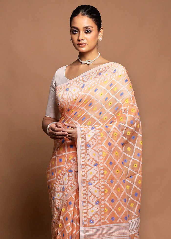 Peach Tant Jamdani Saree Without Blouse Piece - Image 2