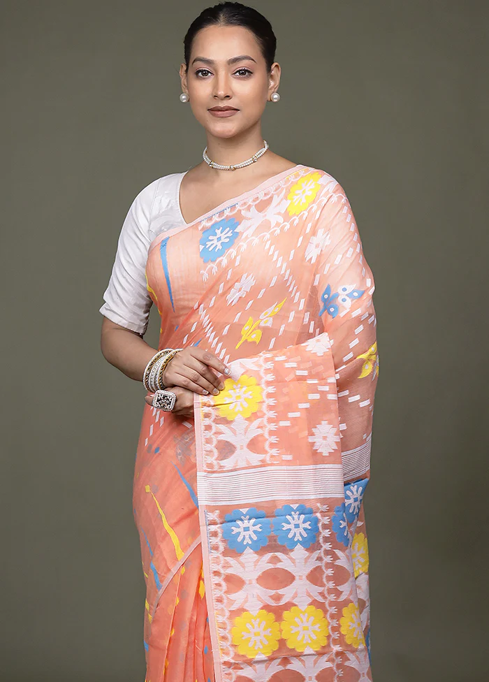 Peach Tant Jamdani Saree Without Blouse Piece