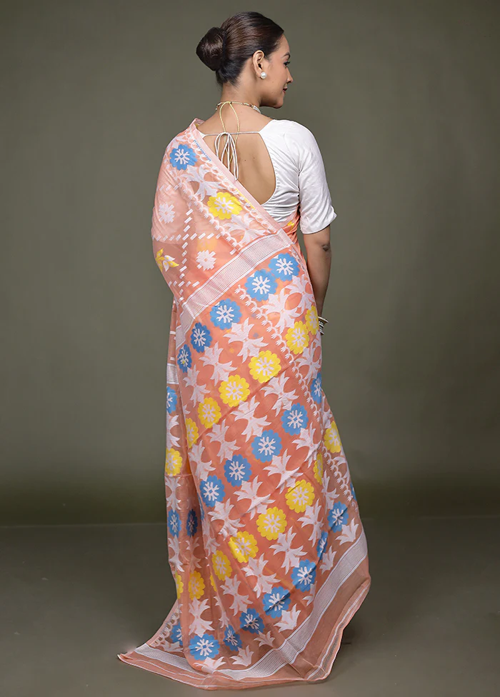 Peach Tant Jamdani Saree Without Blouse Piece - Image 3