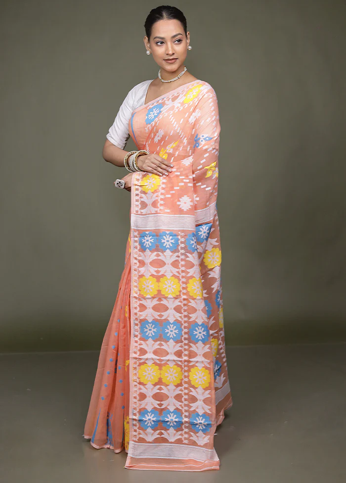Peach Tant Jamdani Saree Without Blouse Piece - Image 4