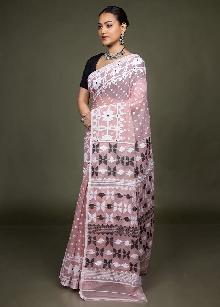 Peach Tant Jamdani Saree Without Blouse Piece - Image 4