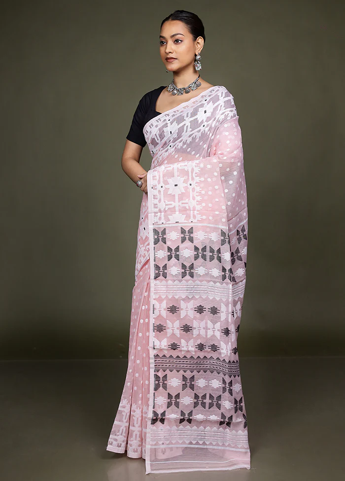 Peach Tant Jamdani Saree Without Blouse Piece - Image 4