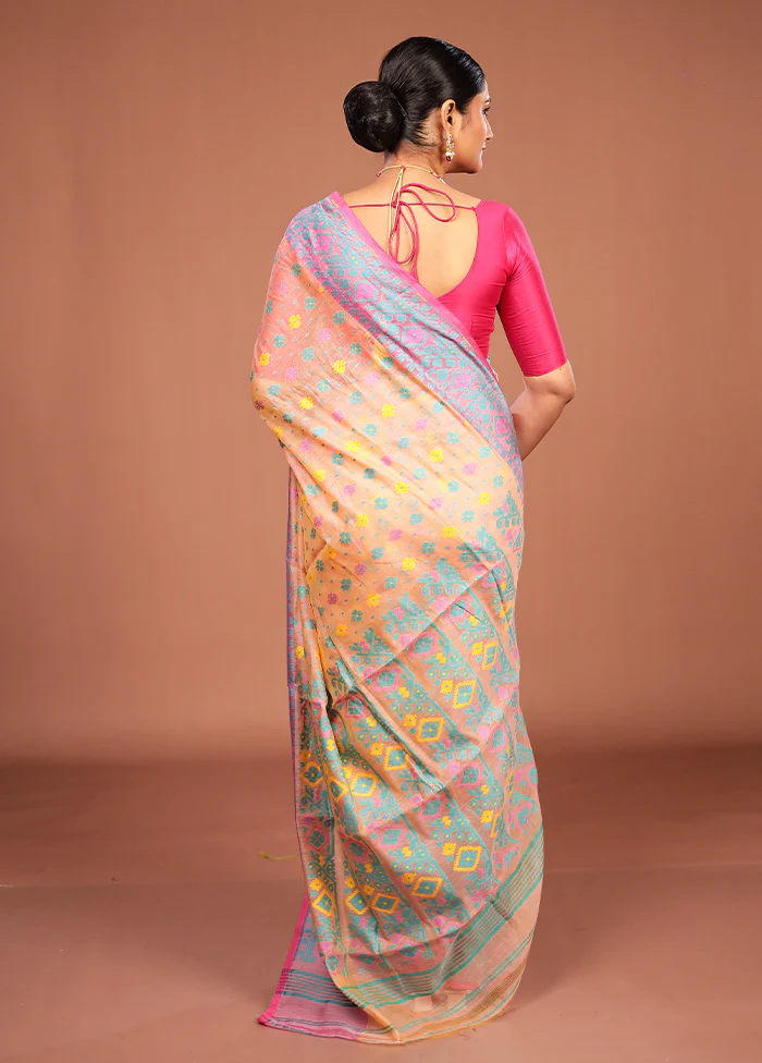 Peach Jamdani Cotton Saree Without Blouse Piece - Image 3