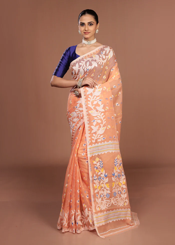 Peach Jamdani Cotton Saree Without Blouse Piece - Image 2