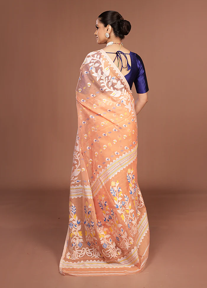 Peach Jamdani Cotton Saree Without Blouse Piece - Image 3