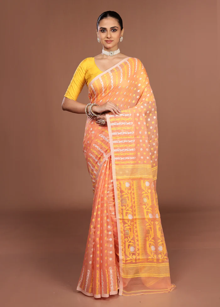 Peach Jamdani Cotton Saree Without Blouse Piece - Image 2