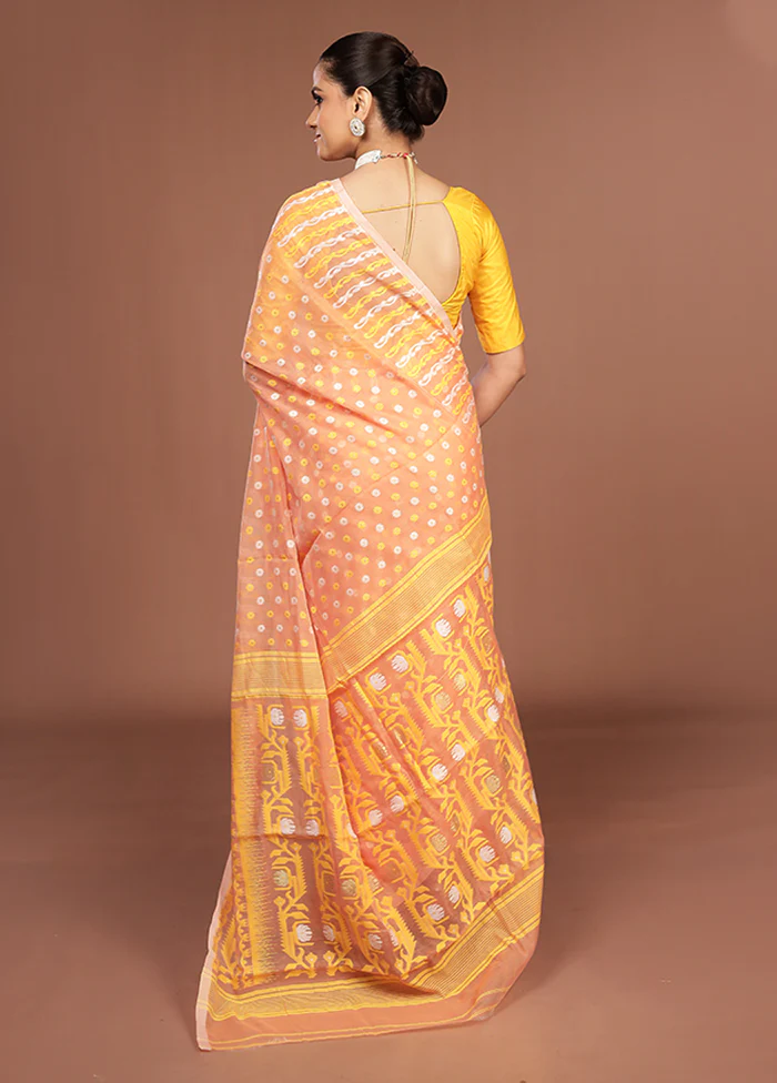 Peach Jamdani Cotton Saree Without Blouse Piece - Image 3