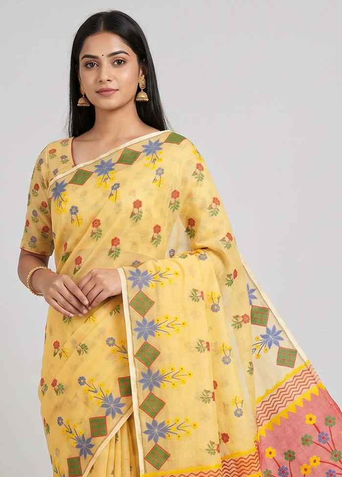 Peach Jamdani Cotton Saree Without Blouse Piece - Image 2