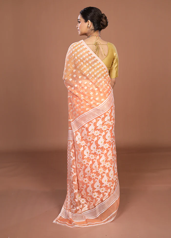 Peach Jamdani Cotton Saree Without Blouse Piece - Image 3