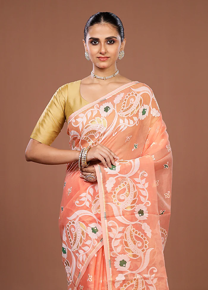 Peach Jamdani Cotton Saree Without Blouse Piece