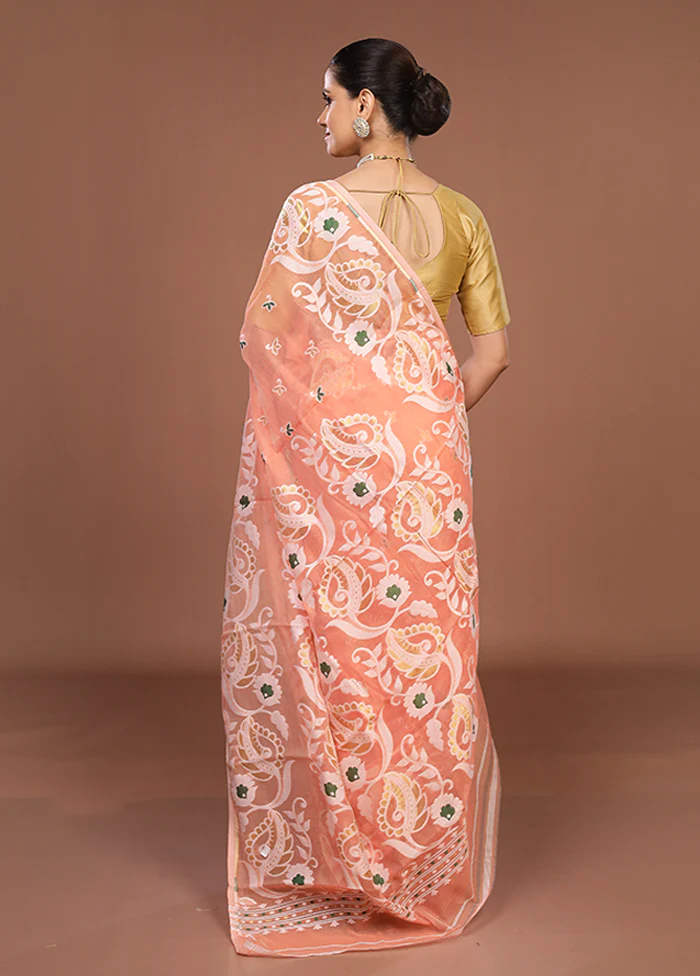 Peach Jamdani Cotton Saree Without Blouse Piece - Image 3