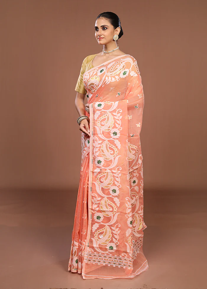 Peach Jamdani Cotton Saree Without Blouse Piece - Image 4
