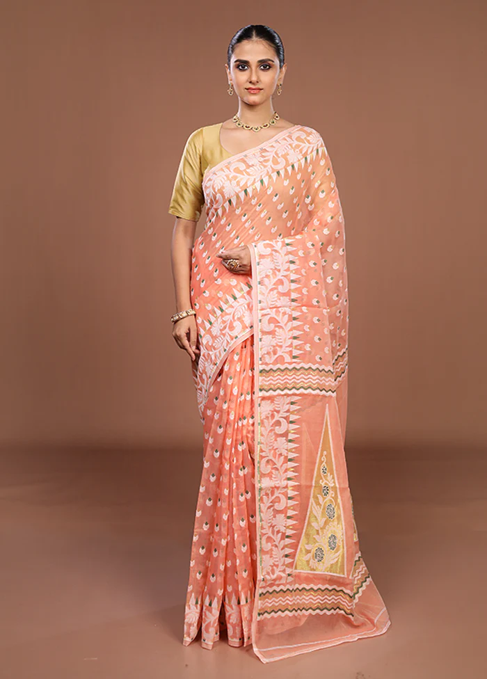 Peach Jamdani Cotton Saree Without Blouse Piece - Image 2