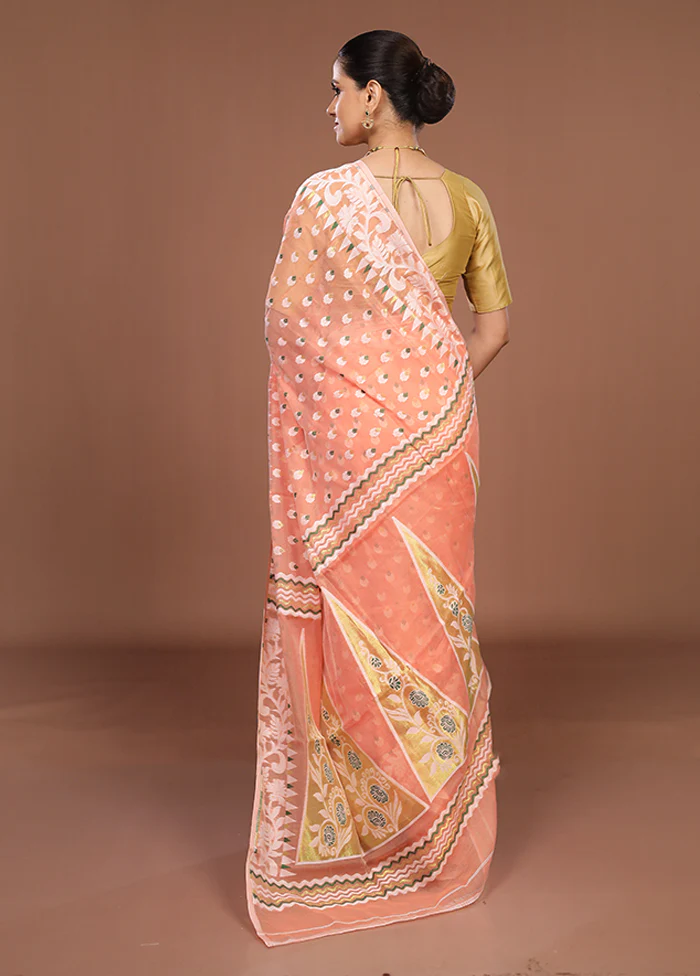 Peach Jamdani Cotton Saree Without Blouse Piece - Image 3