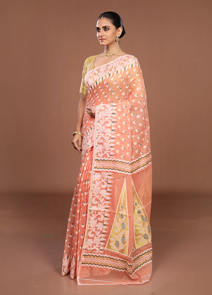 Peach Jamdani Cotton Saree Without Blouse Piece - Image 4