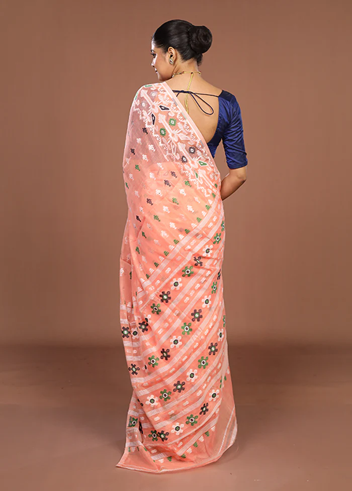 Peach Jamdani Cotton Saree Without Blouse Piece - Image 3