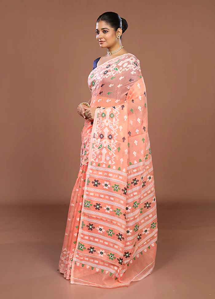 Peach Jamdani Cotton Saree Without Blouse Piece - Image 4