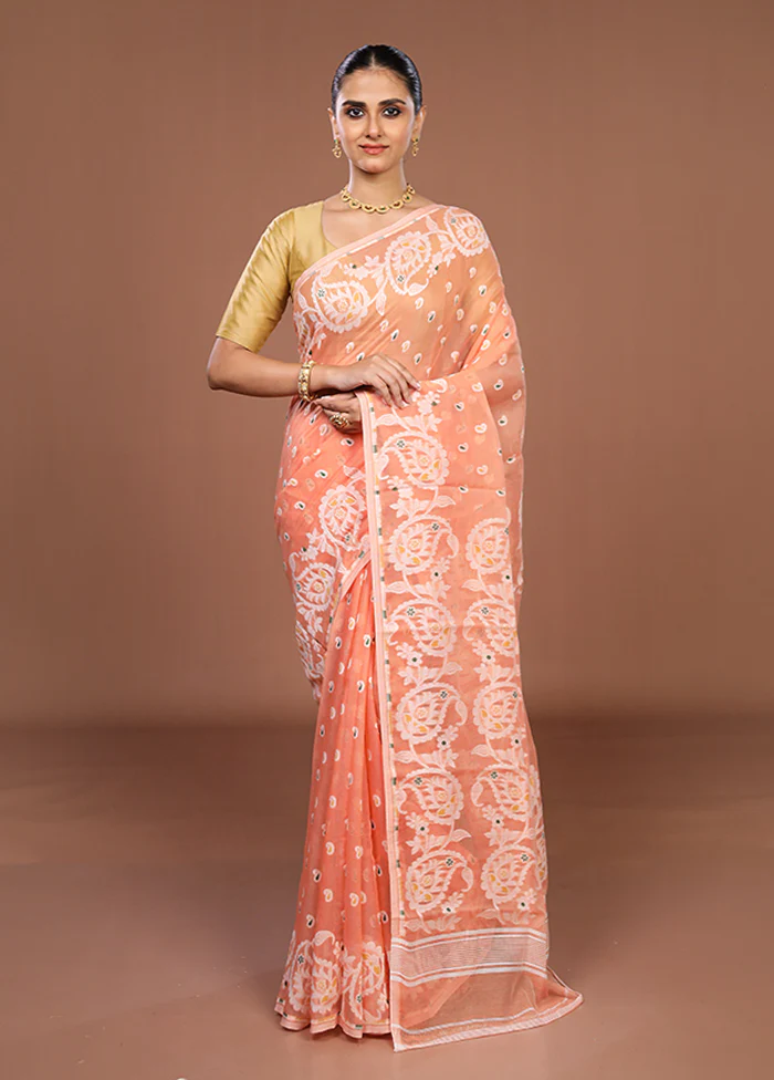 Peach Jamdani Cotton Saree Without Blouse Piece - Image 2