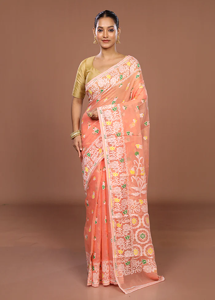 Peach Jamdani Cotton Saree Without Blouse Piece - Image 2