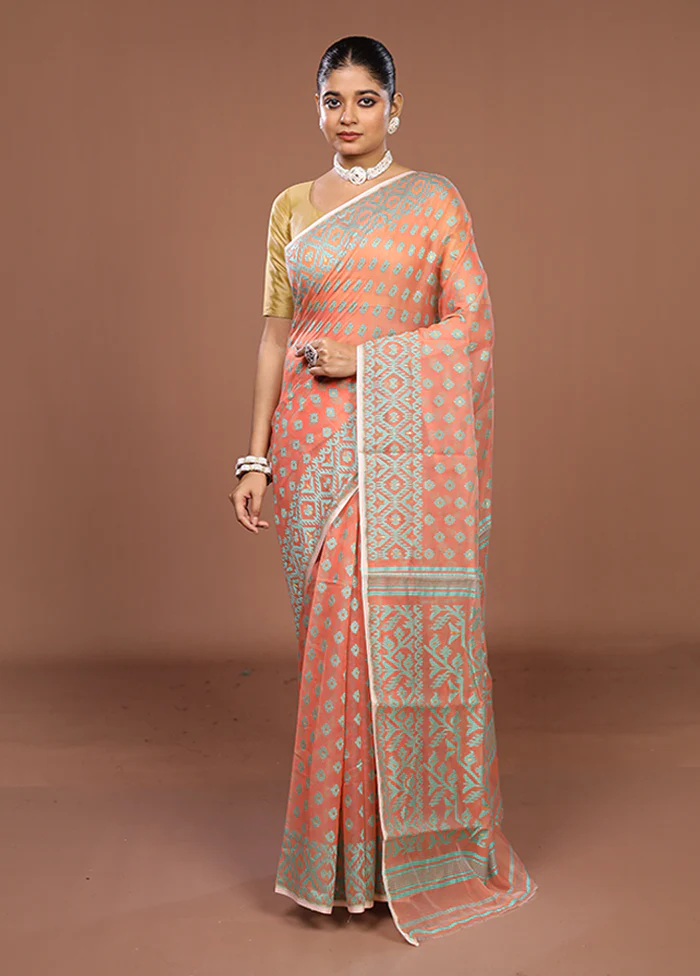 Peach Jamdani Cotton Saree Without Blouse Piece - Image 2