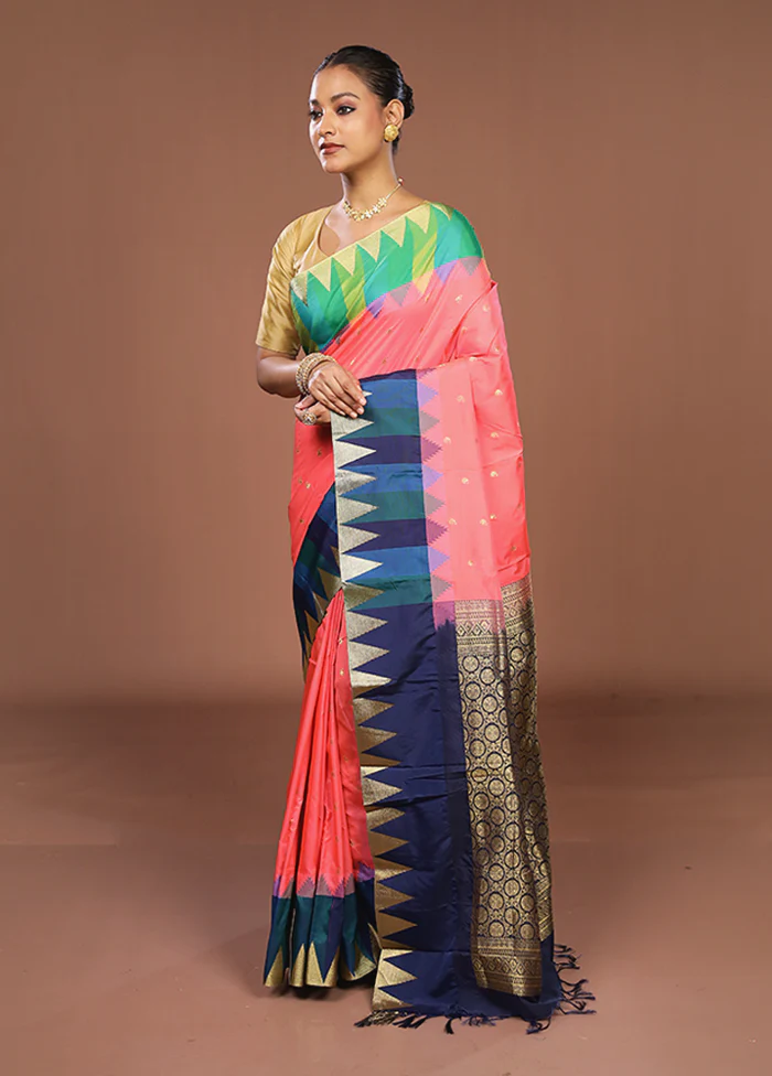 Peach Kanjivaram Silk Saree With Blouse Piece - Image 4