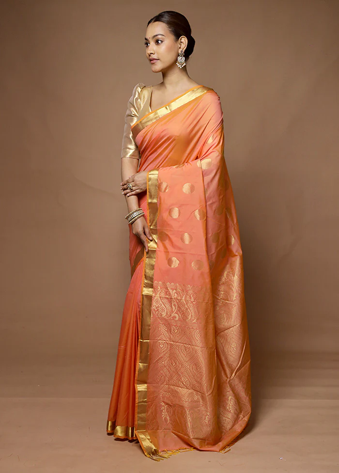 Peach Kanjivaram Silk Saree With Blouse Piece - Image 4