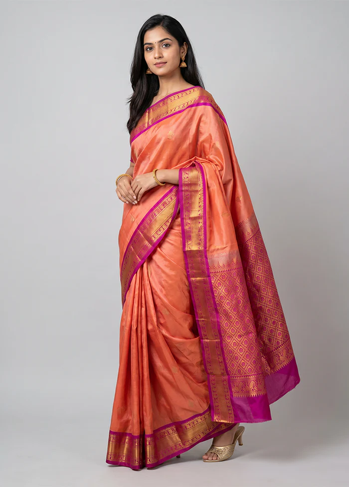 Peach Kanjivaram Silk Saree With Blouse Piece