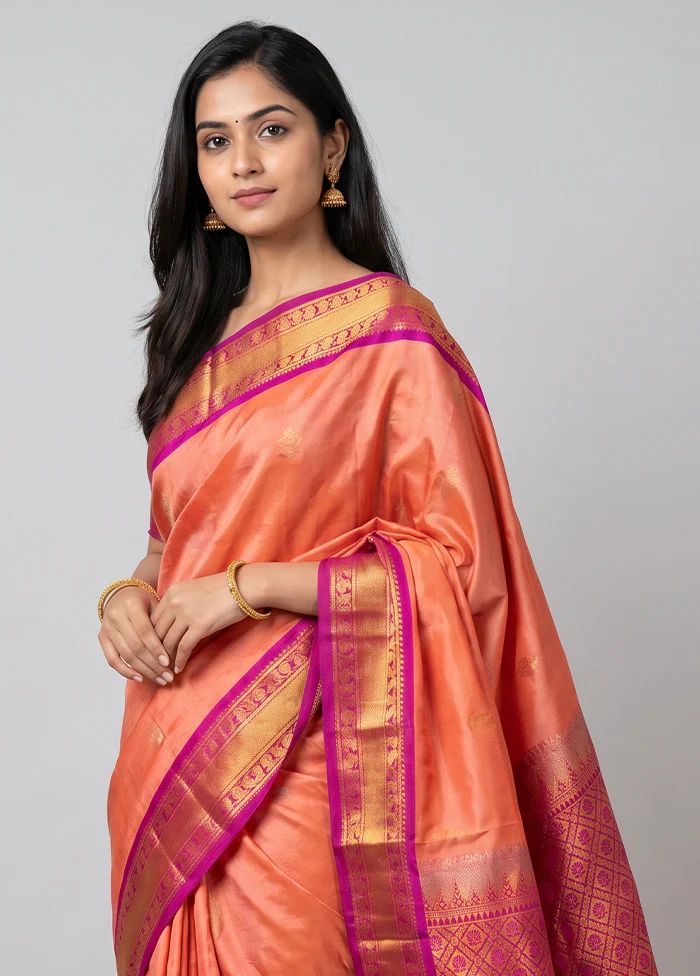 Peach Kanjivaram Silk Saree With Blouse Piece - Image 2