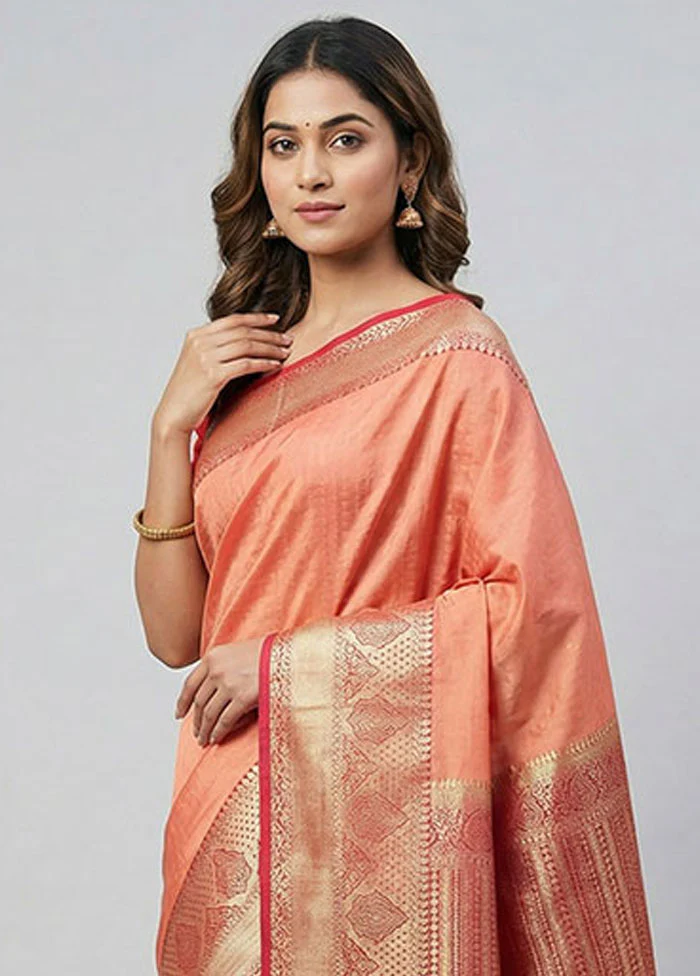 Peach Kanjivaram Silk Saree With Blouse Piece - Image 2