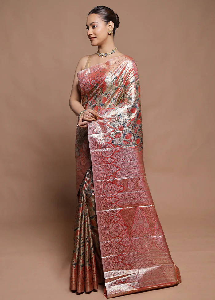 Peach Kanjivaram Silk Saree With Blouse Piece - Image 4
